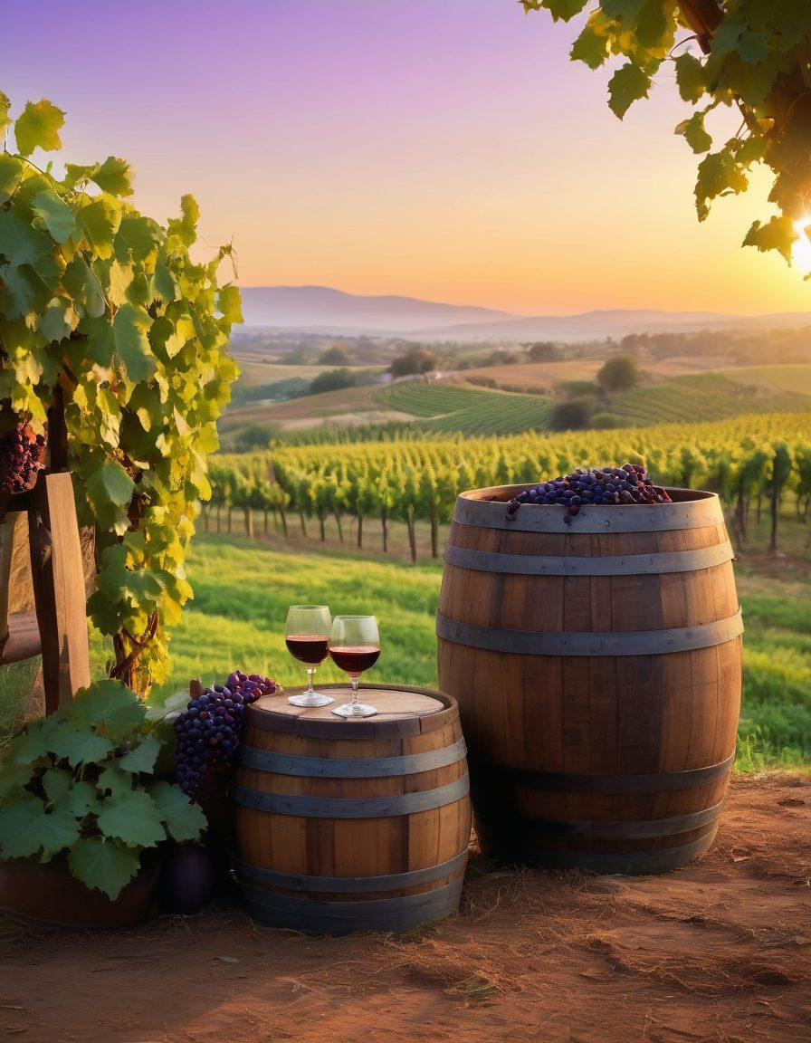 A rustic vineyard landscape at sunset, showcasing a variety of grape vines in shades of green and purple, with a wooden wine barrel in the foreground. Include a glass of red wine half full, glistening in the light, and a person reading a vintage wine book nearby. The scene should evoke a sense of tranquility and richness of wine culture. vibrant colors. super-realistic. 