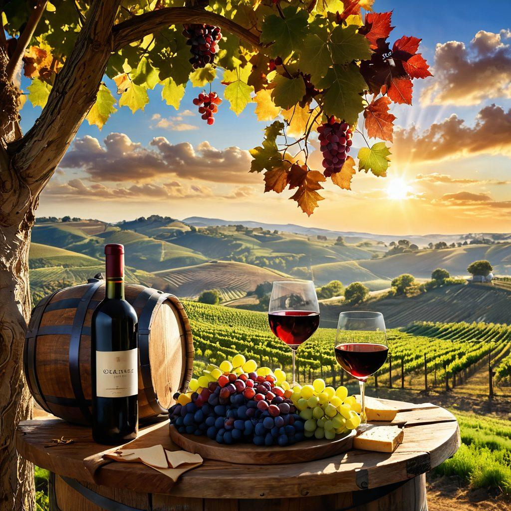 A picturesque vineyard stretching across rolling hills, showcasing ripe grape bunches ready for harvest. Include a rustic wooden wine barrel in the foreground, with golden sunlight filtering through the leaves, casting dappled shadows. A wine glass filled with deep red wine is elegantly placed beside a gourmet cheese platter, suggesting perfect pairings. Atmospheric clouds roll in the distance, hinting at the aging process. vibrant colors. super-realistic.