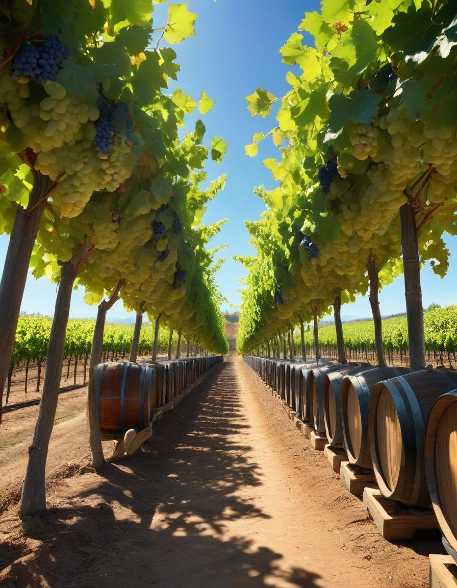 A lush vineyard stretching under a bright blue sky, showcasing rows of organic grapevines with ripe grapes hanging, a skilled artisan winemaker gently inspecting the grapes, and various wine bottles and barrels artfully arranged in the foreground. The scene should capture the elegance and craftsmanship of winemaking, with warm, inviting light illuminating the landscape. vibrant colors. super-realistic.